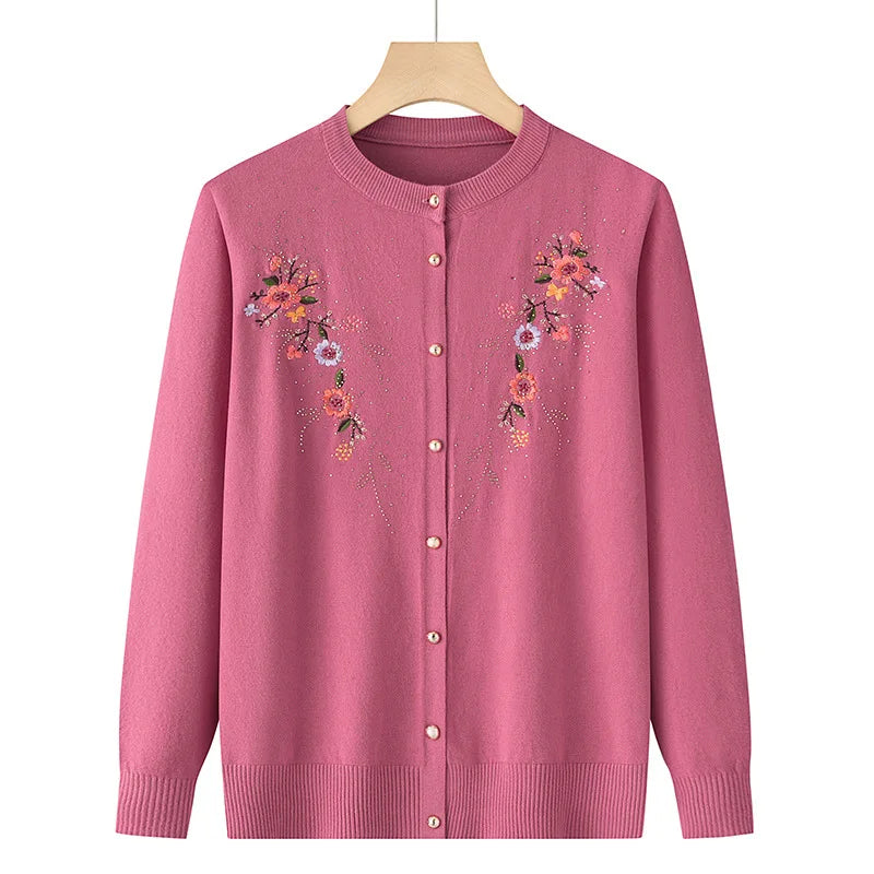 Middle-aged And Elderly Women's Embroidery Knit Cardigan Jacket Single-breasted Slim Sweater Coat Spring Autumn Grandma Clothing
