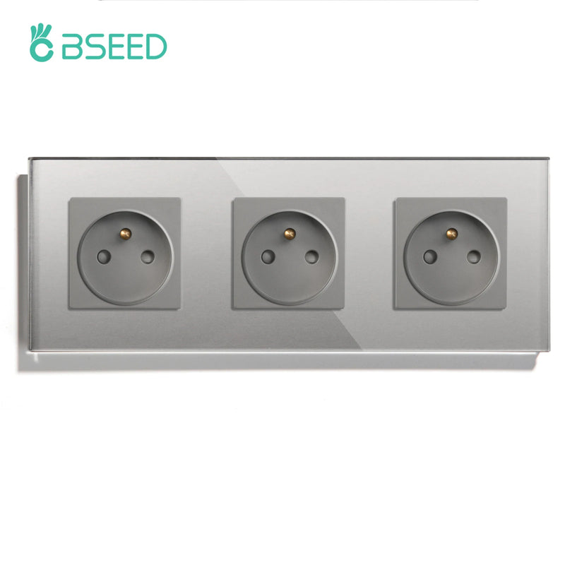 BSEED French Standard Single Wall Power Sockets Double France Outlets Triple Plugs Crystal Glass Panel Children Protection 16A