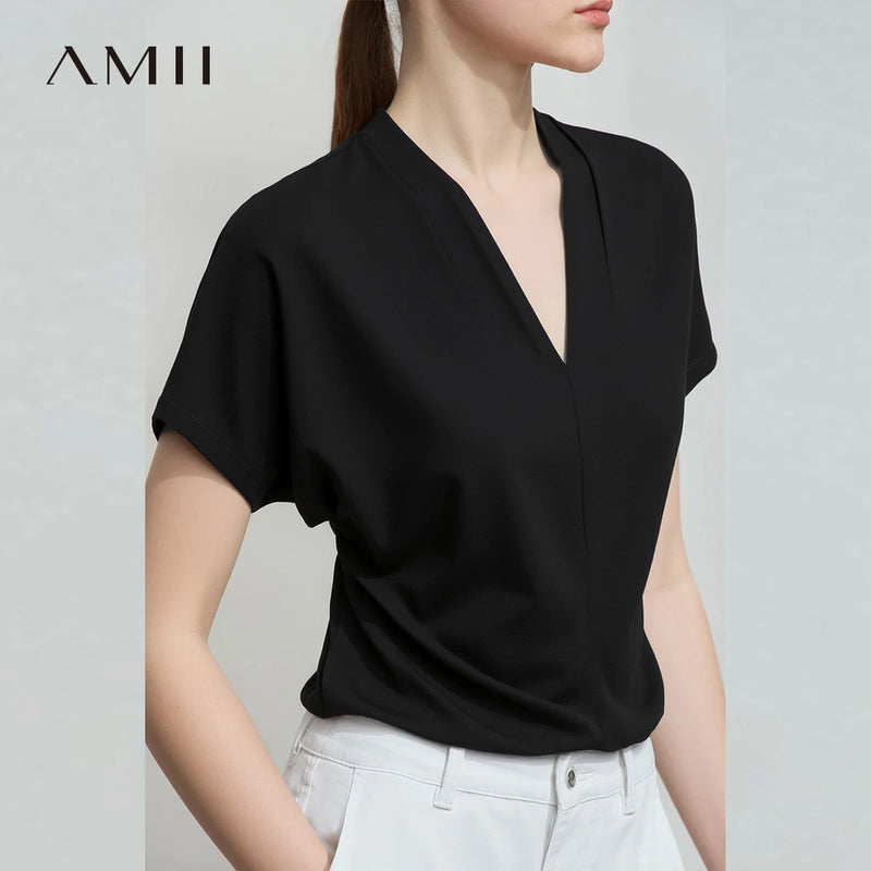 អាវយឺត AMII Minimalism រដូវក្តៅឆ្នាំ ២០២៦ សម្រាប់នារី រចនាបថបុរាណ ក V ដៃខ្លី អាវ និងអាវយឺតលាត 12312013