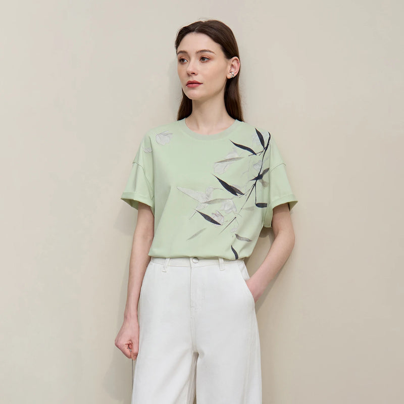 Amii Women's T-Shirt 2026 Summer New Chinese Print O-Neck Drop Shoulder Stretch Tops Cotton Loose Fit Short Sleeve Tee 12652009
