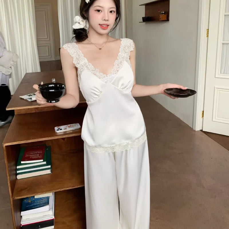 Womens Sleeveless Loungewear 2-Piece Lounge Set Soft Pajama v-neck Top and Long Pants Sleepwear Thin Home Wear Women pijama