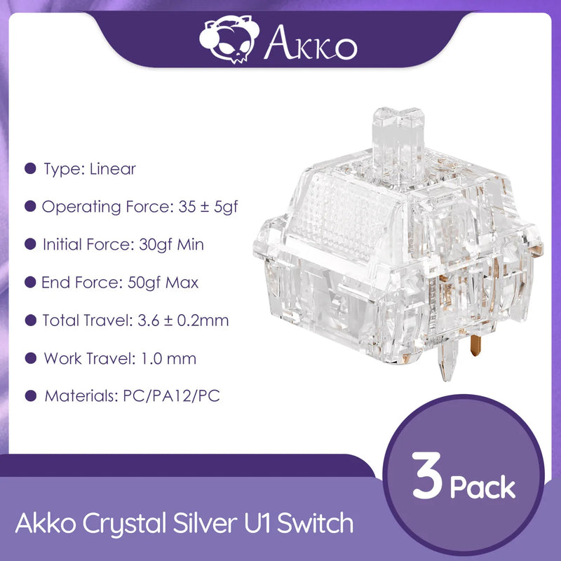 Akko Linear Switch U1 Crystal Silver 5-Pin 35gf Lightweight Factory Lubed Compatible with MX Mechanical Keyboard Switches 45 pcs