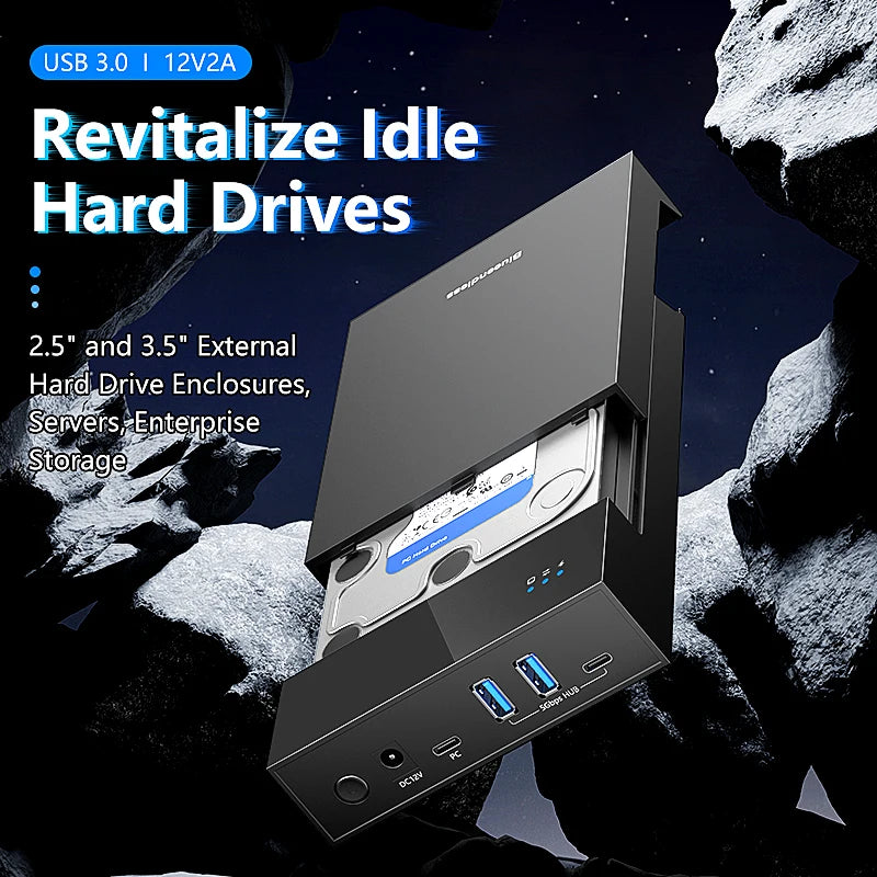 ប្រអប់ Blueendless 2.5/3.5 HDD/SSD ជាមួយ USB3.0 HUB គាំទ្រអាដាប់ទ័រ 18TB ប្រភេទ C ទៅ SATA ប្រអប់ HDD ឥតគិតថ្លៃជាមួយអាដាប់ទ័រថាមពល 12V