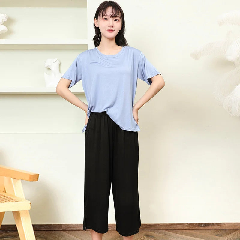 Korean Summer Pajamas Women Sleepwear Pijama Suit Patchwork Color Home Clothes Chest Pad Short Sleeve Nightwear Two Piece Set