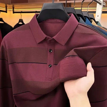 Mens Relaxed Lapel Polo Shirt Long Sleeve Horizontal Stripes Button Placket Casual Street Daily Fashion Outfit