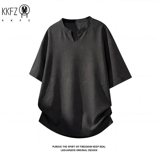 Men V Notch Neck Short Sleeve Linen Shirt Oversized Loose Summer Breathable Casual Streetwear Tops For Daily Commute