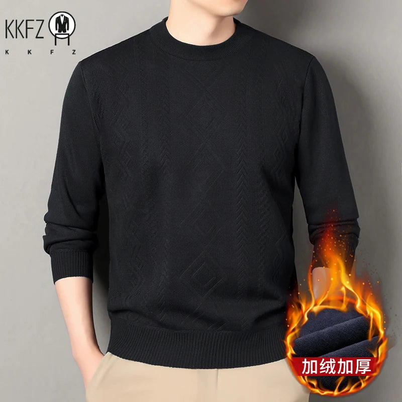 Jacquard Pattern Male Warm Sweater Full Fleece Lining Elastic Hem Crew Neck Office Semi Formal Long Sleeve Pullover