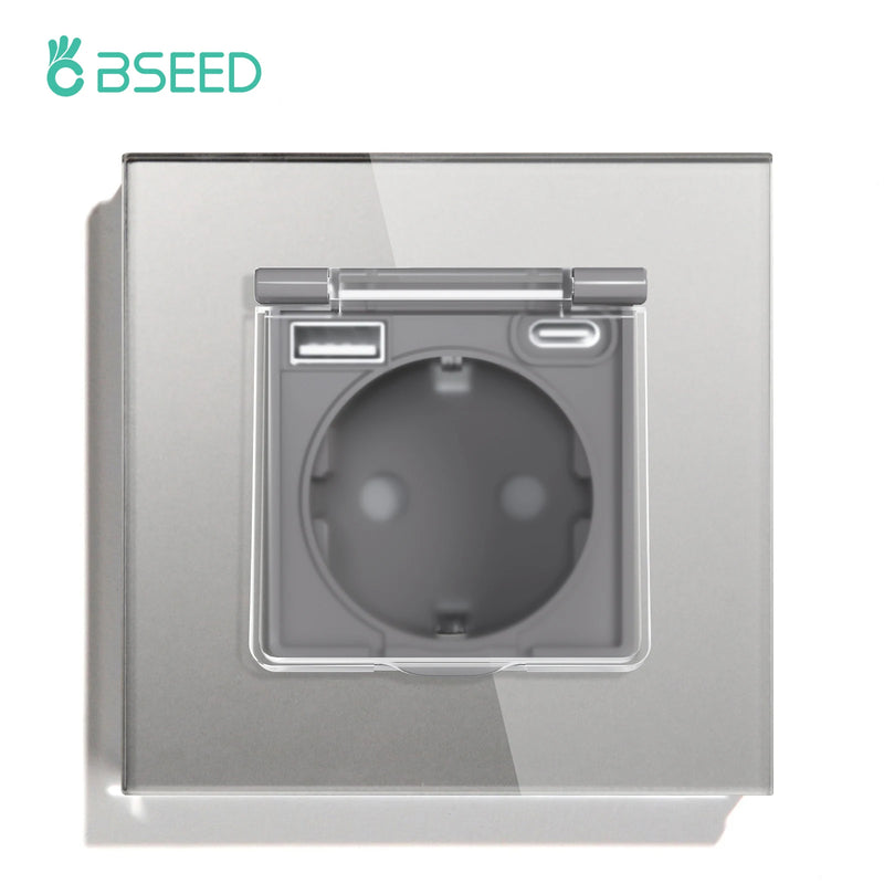 BSEED EU Standard Single Power Socket With Waterproof Cover Double USB Type-C Outlets Triple Plugs 16A Glass Panel 110-250V