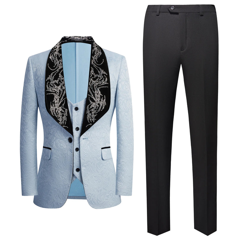Red Men's Three-piece Suit Set Featuring A Jacquard Jacket and Vest Paired with Pants. Blue, Green, Purple, Pink, and White.