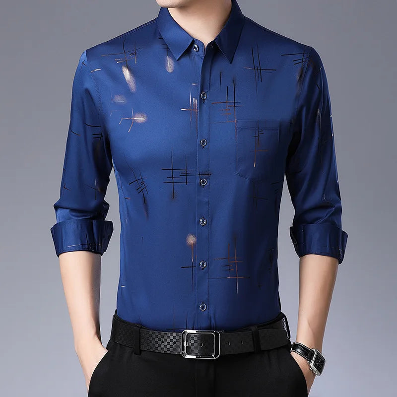 2026 Men's Casual and Fashionable Long Sleeved Printed Shirt, Non Ironing and Wrinkle Resistant Business Top. Asian sizes M–4XL