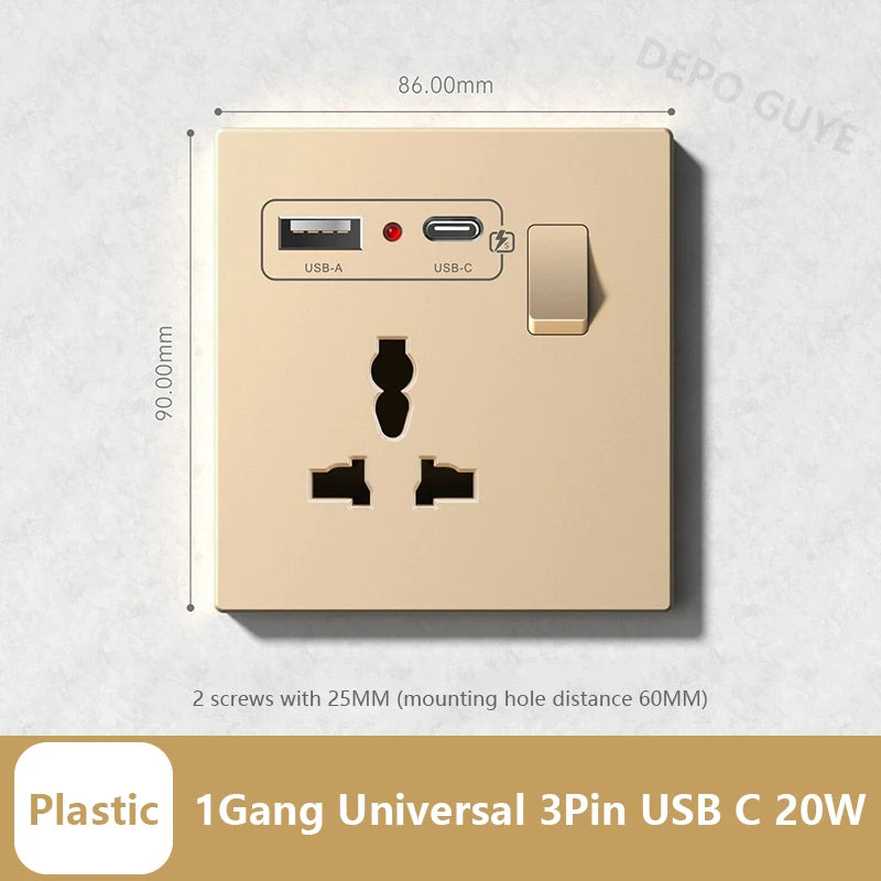 Universal 20W Type-C Wall Quick charge Socket,Dual Switch control Universal Power outlet,White UK Standard USB Interface Socket