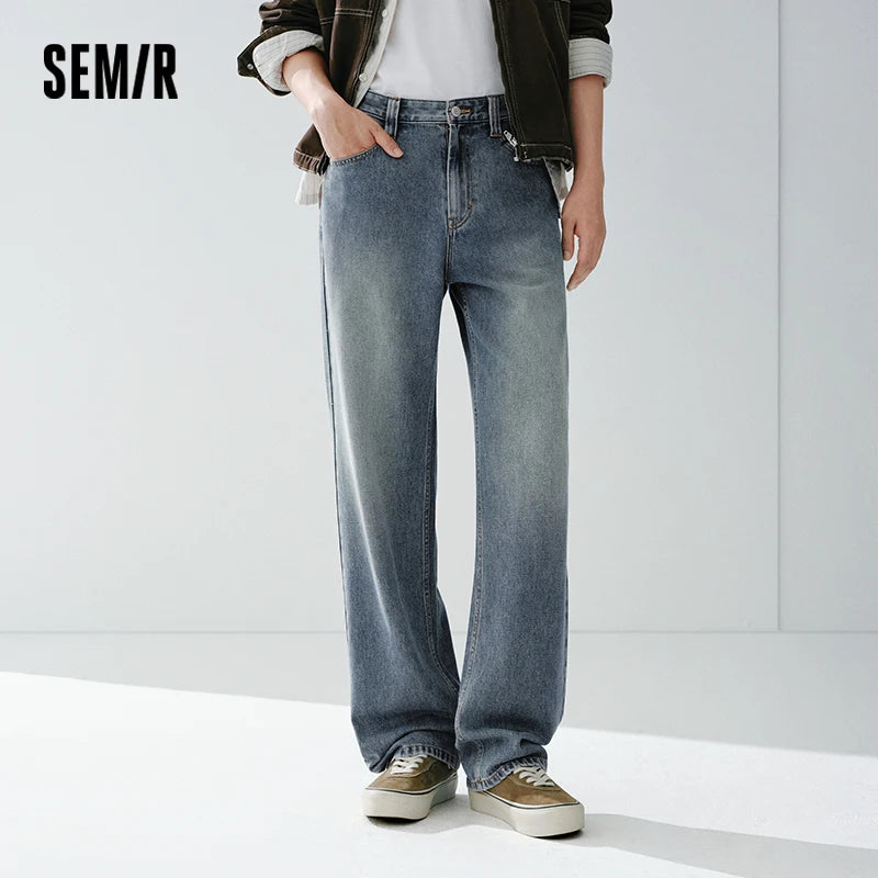 Semir Soft Jeans Men 2026 Winter Distressed Straight Leg Stretch Fleece Lined Casual Comfortable Warm Long Trousers