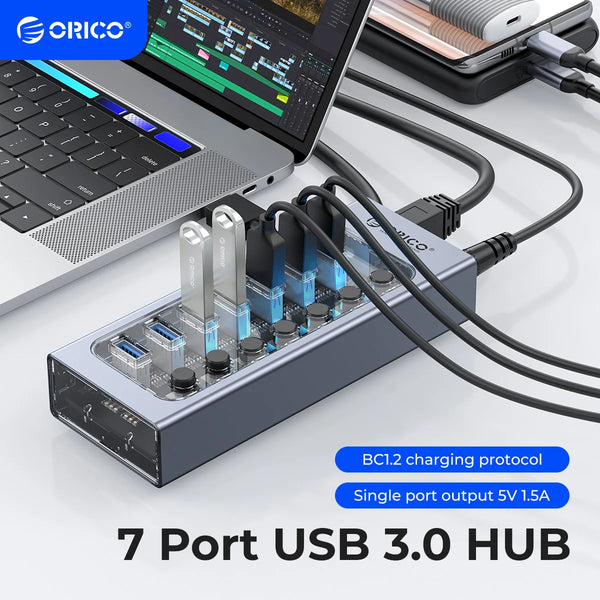 ORICO Industrial USB 3.0 HUB 7/10/13/16 Aluminum USB Splitter On/Off Switch With 12V Power Adapter Support Charging for Computer