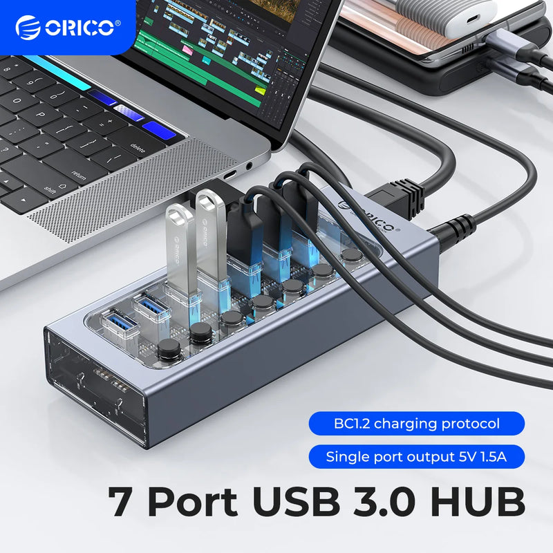 ORICO Industrial USB 3.0 HUB 7/10/13/16 Aluminum USB Splitter On/Off Switch With 12V Power Adapter Support Charging for Computer