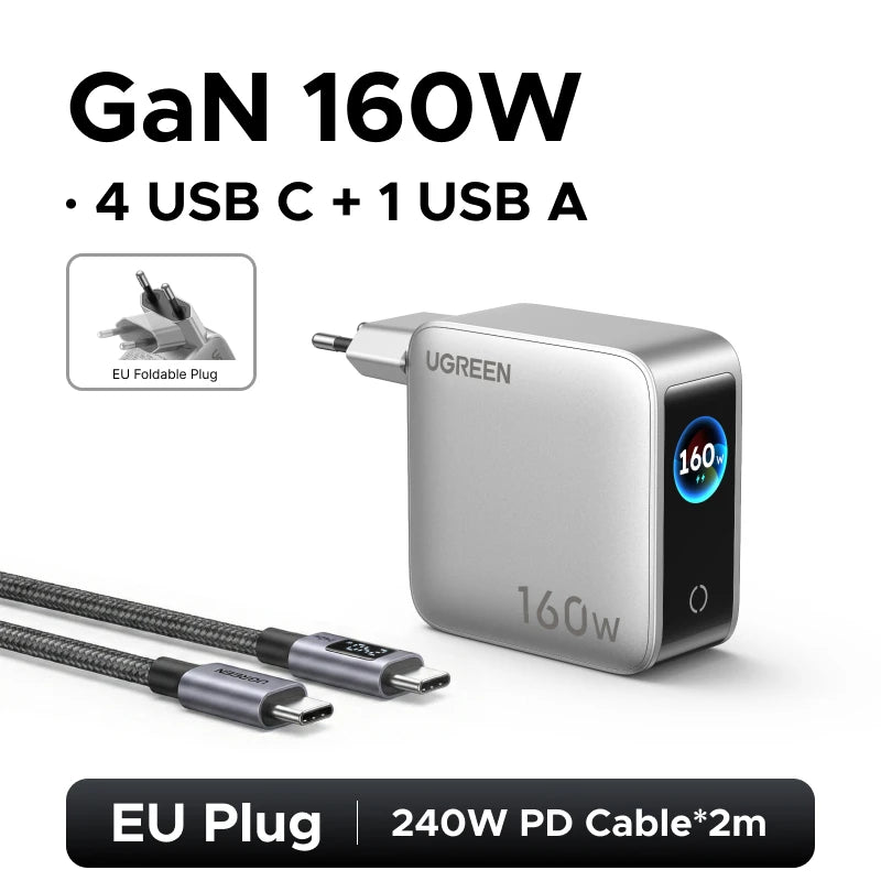 UGREEN 160W GaN Charger With Smart Display AVS PD 3.1 140W QC4.0 For MacbookPro Laptop iPhone 18 17 iPad Tablet SamsungS25 Ultra
