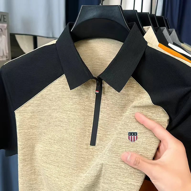 High Quality Summer Men New Short-Sleeved Polo Shirt Lapel Zipper Color Blocking Stamp Korean-Style Leisure Snug Men's Clothing
