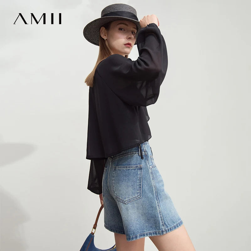 Amii Women's Minimalist Blouse 2026 Summer New Commuting Versatile V-Neck Tops Short Raglan Sleeve Thin Chiffon Blouse 12542281
