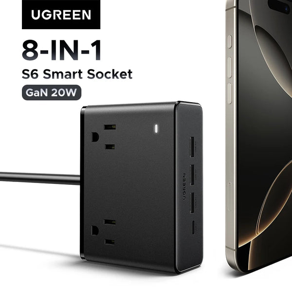 UGREEN 8 in 1 Power Strip US Plug 4 AC Outlets 3 USB-A 1 USB-C 2500W Fast Charger Surge Protector Short Circuit Indicator Light