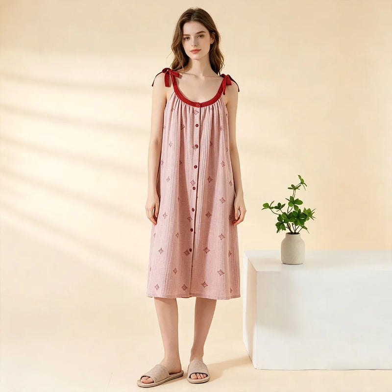 Retro Nightgowns Woman Sleep New Summer Sleepwear One Piece Dress Pure Cotton Thin Sleeveless Pajamas Dress Night Wear Ladies