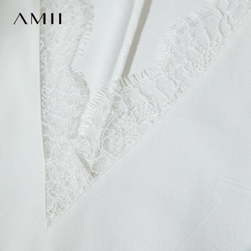 Amii Women Dress 2026 Minimalist Lace Patchwork V-Neck Loose Letter Number Print Medium Sleeves Straight Tube Dress 12542008