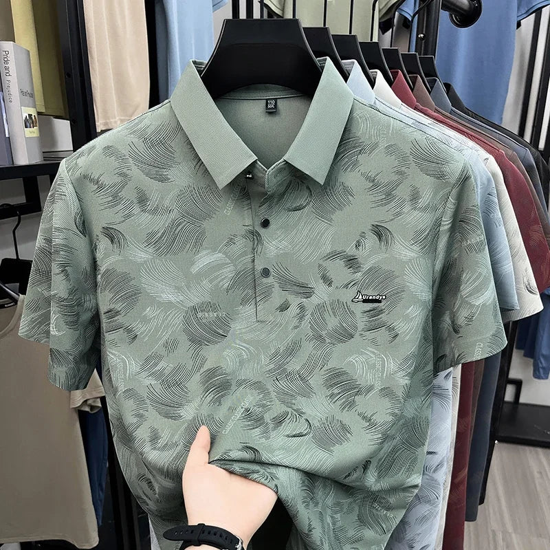 Everyday Wear Abstract Feather Printed Lapel Polo Mens Soft Cloth Casual Dinner And Post work Walking Apparel