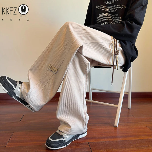 Mens Waffle Knit Wide Leg Bottoms Elastic Drawstring Waist Small Label Ornament Relax Cut Daily Street Casual Pants