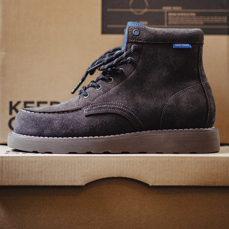Maden Men's Vintage Brown Cow Suede Work Boots Chunky Sole Lace-Up High Top Thermal Combat Boots for Autumn and Winter Shoes