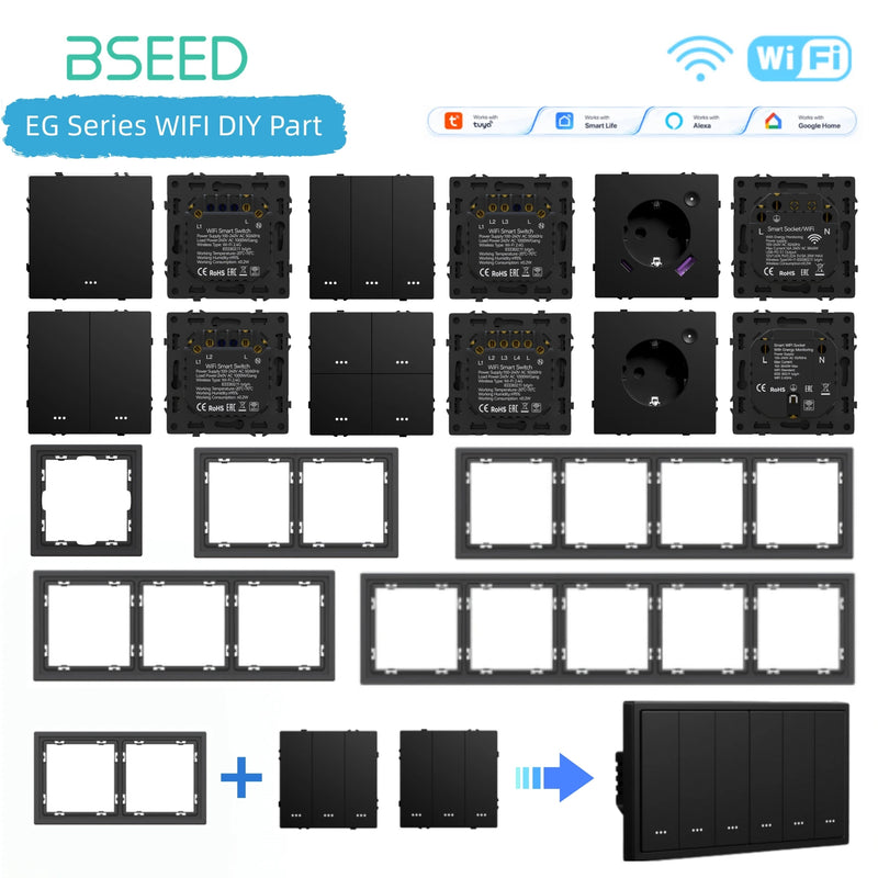 BSEED WIFI Button Switch Module 1/2/3/4Gang Smart Light Switch DIY Part Plastic Frame Smart Socket Components Tuya Smart Life