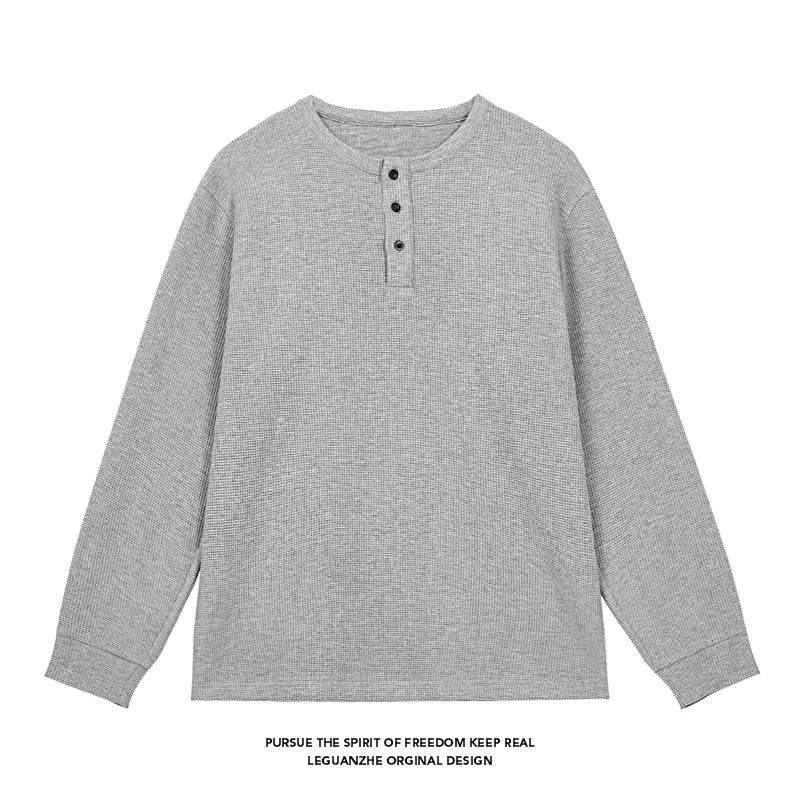Breathable Waffle Henley Pullover Men Long Sleeve Round Neck Three Button Placket Versatile Everyday Streetwear Garment