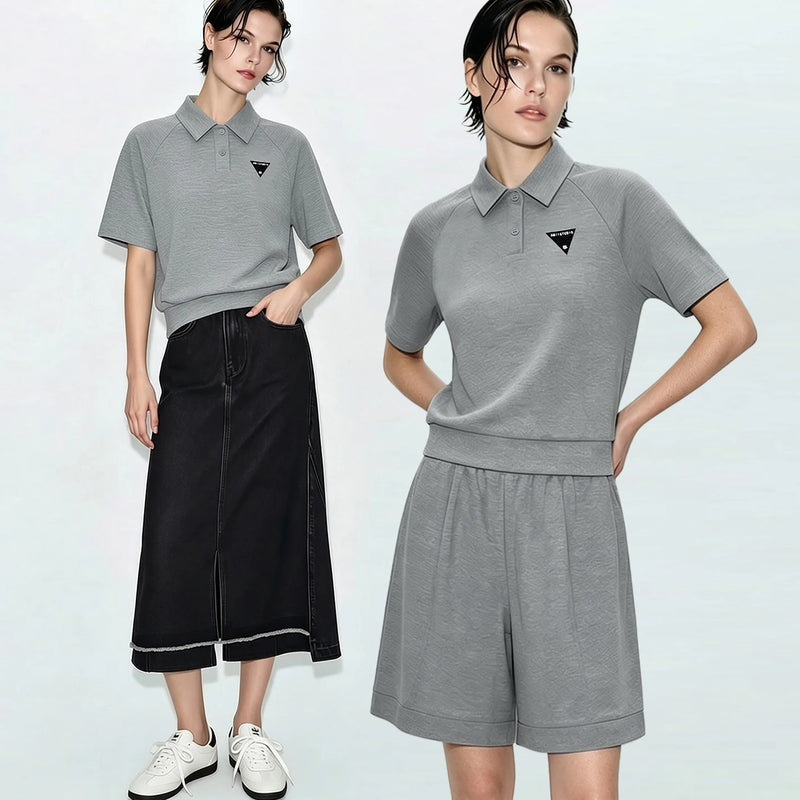 Amii Short Sleeve T-shirt 2026 Summer New POLO Neck Embroidered Top Casual Separate Shorts Breathable Woman Clothing 12622168
