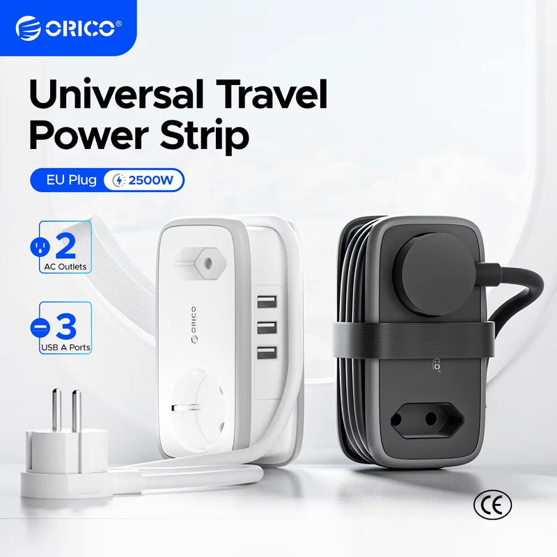 ORICO EU Plug Power Strip with 2AC 3USB Port with 1.1M Extension Cable 5-In-1Travel Smart Socket for Home/Travel Save Space