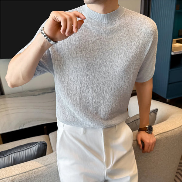 Men's Summer Short Sleeve T-Shirt Knitted Crew Neck Loose Fit Drop Shoulder Ice Silk Cooling Base Layer Top