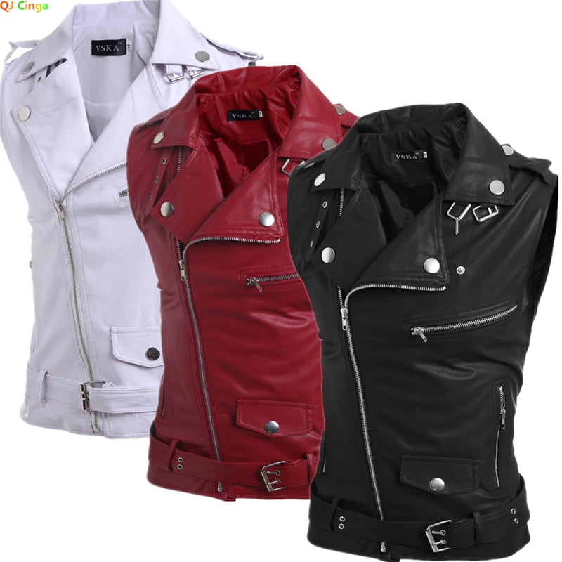2026 Men's Black Lapel Sleeveless Vests Jacket, Slant Zipper Switch Vest, Hem Belt, Adjustable Size, White, Wine Red Waistcoat.