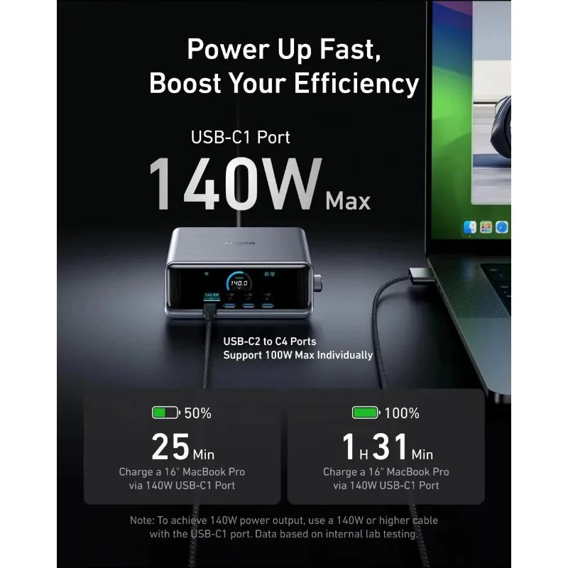 ស្ថានីយសាកថ្ម Anker Prime 250W A2345 GaN 6 រន្ធ ឆ្នាំងសាកលឿន USB-C អេក្រង់ LCD ទំហំ 2.26 អ៊ីញ ប៊ូតុងបញ្ជាឆ្លាតវៃ