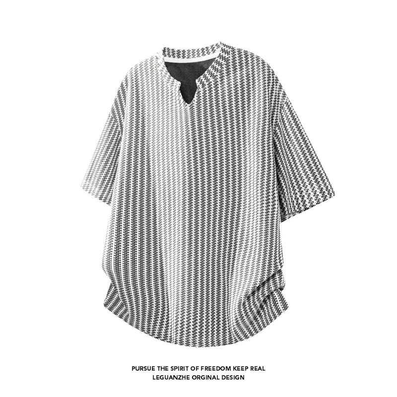 Mens Striped Textured Knit Short Sleeve Top Notched Collar Oversized Cutting Suitable For Vacation Dating And Casual Scenes