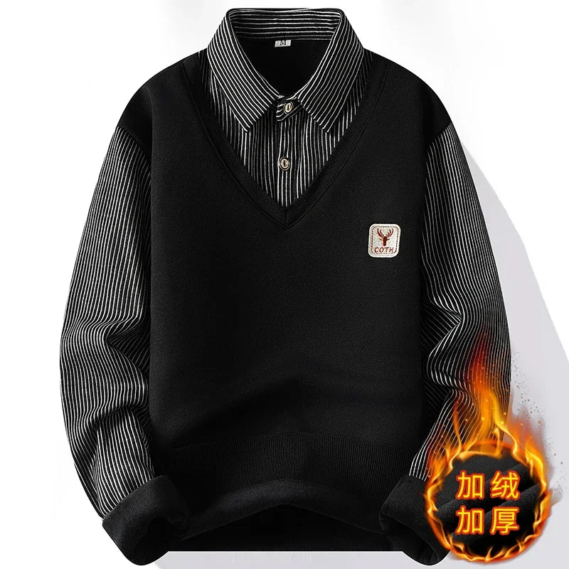 Men Daily Wear Knit Pullover Fake Two Piece Design Striped Long Sleeve Lapel Shirt Style V Neck Knitted Sweater