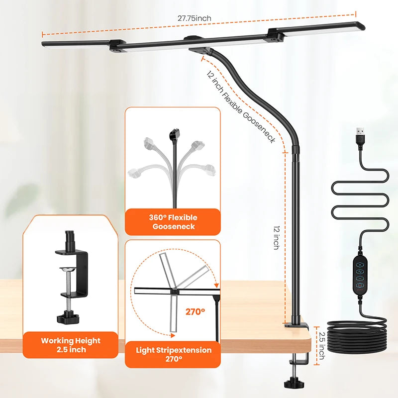ចង្កៀងតុ LED បត់បាន ៣ ក្បាល បង្វិលបាន ២៧០° ក្លីបលើភ្លើង បញ្ជាដោយប៉ះ ចង្កៀងអានសៀវភៅ ចង្កៀងតុដៃអាចបត់បែនបានសម្រាប់ការិយាល័យ