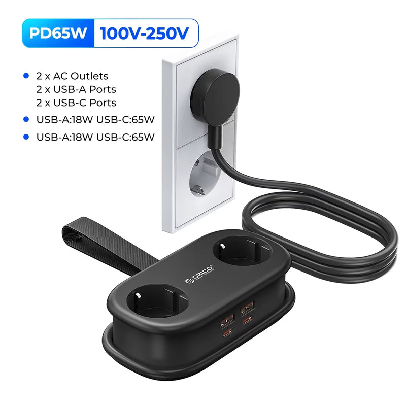 ORICO Cable-Wrap Portable Travel Power Strip 65W GaN Fast Charging Station with 2 AC Outlets 2 USB 2 Type-C EU Plug Adapter Home