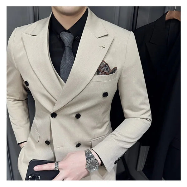 Men's Luxury Double-Breasted Suit Set (Jacket, Vest & Pants) - Stretch Fabric Business Casual Blazer with Extended Sizes S-7XL