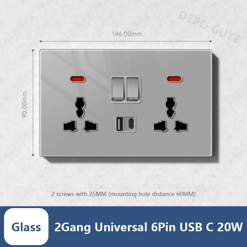 Universal 20W Type-C Wall Quick charge Socket,Dual Switch control Universal Power outlet,White UK Standard USB Interface Socket