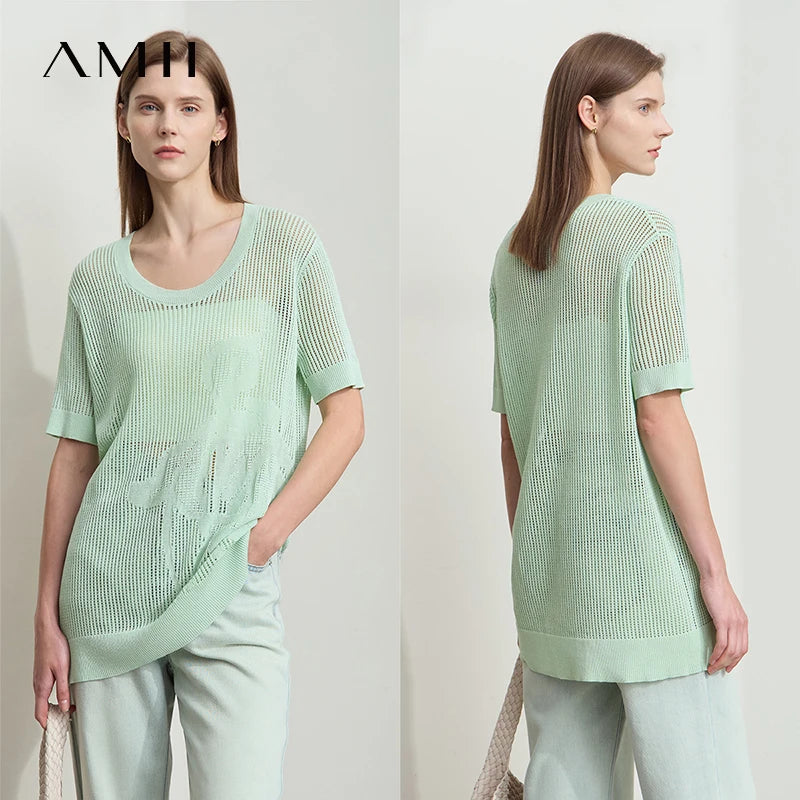 AMII Casual Summer Sweater Women 2026 Short Sleeve U-neck Plant Jacquard Hollow Flowered Wool Sweaters Woman Fashion 12552076