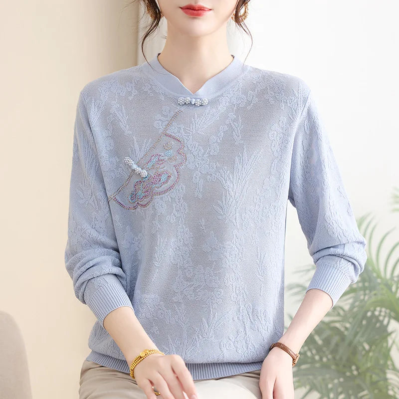 Vintage Printed Woman Clothing Knit Middle Aged Mother Pullover Tops Long Sleeve Autumn Winter Sweaters & Jumpers Pull Femme