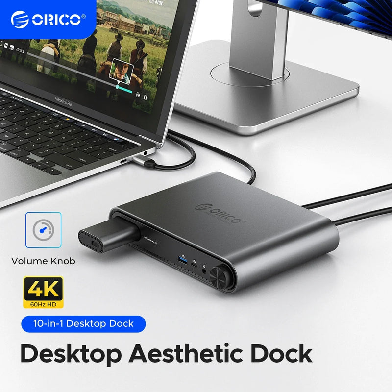ORICO 10 in1 USB C Docking Dtation with M.2 SSD Enclosure PD100W Charging Ethernet 4K60Hz HDMI-com 3.5mm Audio Volume Control