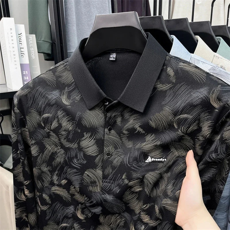Men Breathable Mesh Polo Short Sleeve Lap Collar Abstract Feather Print Button Placket Relax Daily Wear Top