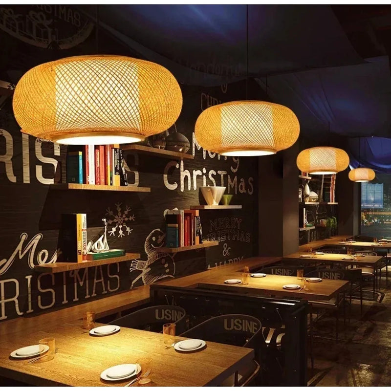 Japanese Style Pendant Light, Handmade Rattan Chandelier, Natural Woven Bamboo Wooden Lamp for Restaurant Cafe Home Decoration
