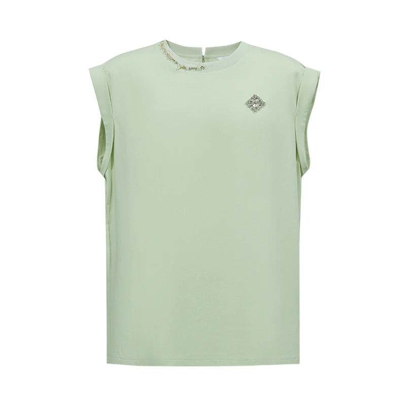 Amii Women's Short Sleeve Tee 2026 Summer New Round Neck Rhinestone Ribbon Stretch Cotton Tee Casual Top For Women 12622034