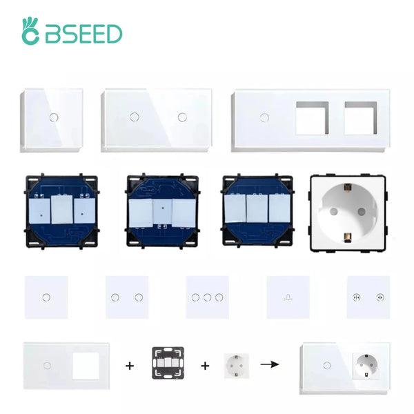 BSEED Wall Touch Switch Dimmer Touch Light Switch Function Parts Glass Panels EU Wall Socket Plug DIY Free Combination
