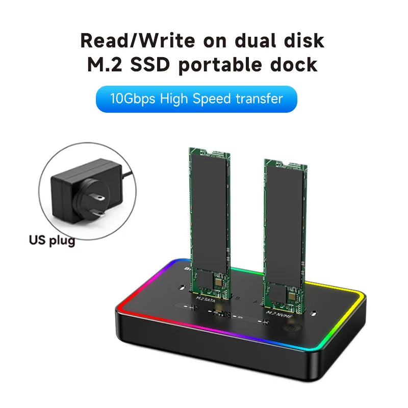 ប្រអប់ SSD M.2 ប្រភេទ SSD ប្រភេទ C 10Gbps សម្រាប់ភ្ជាប់ SSD ប្រភេទ PCIe NVMe ឬ SATA 2 Bay ដោយគ្មានអ៊ីនធឺណិត Blueendless