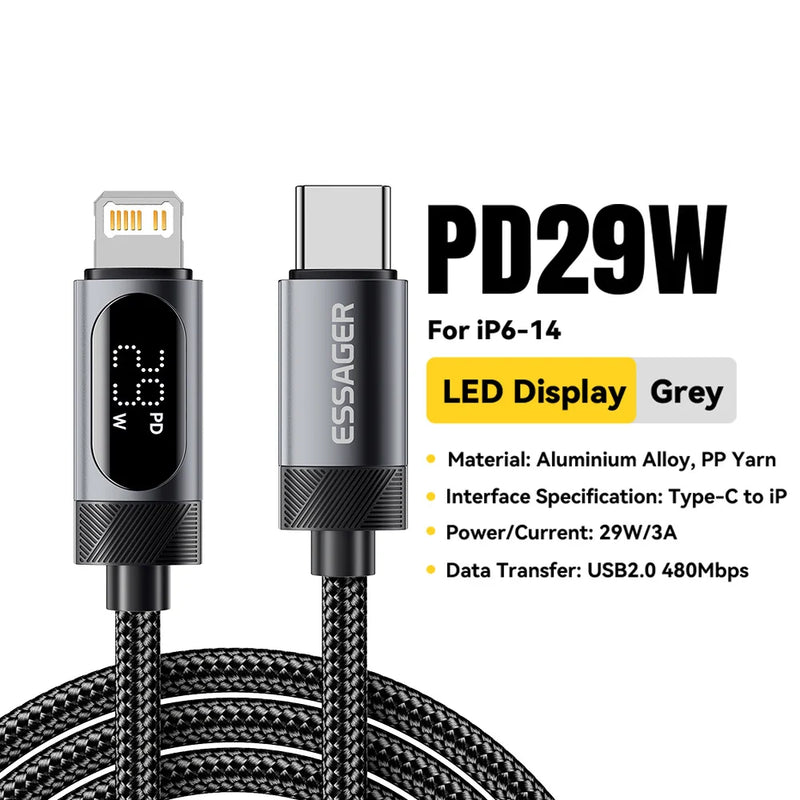 ខ្សែ USB ប្រភេទ C របស់ Essager សម្រាប់ iPhone 14 13 12 11 Pro Max PD 29W សាកថ្មលឿន ប្រភេទ C ទៅខ្សែភ្លើង សម្រាប់ iPad Macboo