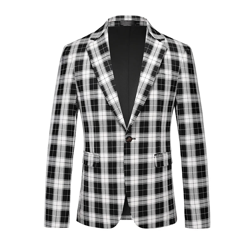Men's Black White Plaid Long Sleeve Blazers, Fashion Slim Fit Suit Jacket, Wedding Party Tops Coat, Asian Size M6XL
